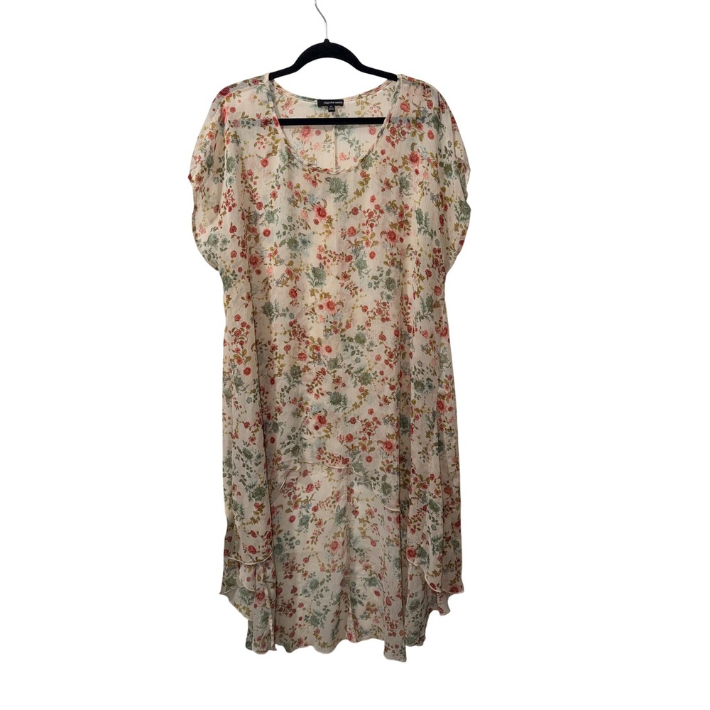 Cha Cha Vente Sz 2X‎ Floral High Low Tunic Top Sheer Scoop Neck